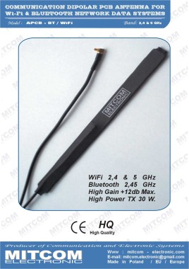 APCB-WiFi/BT { Specjalistyczna zderzakowa, kamuflowana płaska antena klasy DIPOL do modemów i transmisji danych WiFi / Bluetooth / 2,4 / 5 GHz / +6dB}