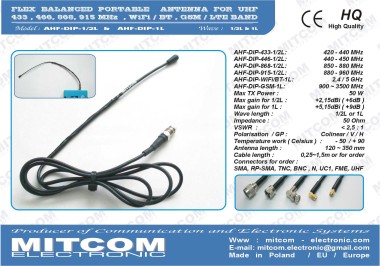 AHF-DIP-UHF446-1/2L {Specjalistyczna, elastyczna antena dipolowa FLEX do radiotelefonów, modemów i transmisji danych w zakresie 446 MHz}