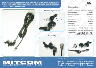 UG6LPDV/RF4 {Głowica / cokół / gniazdo montażowe z regulacją pochyłu 0-180 stopni z uszczelką do anten z mocowaniem na gwint M6 + okablowanie RF}