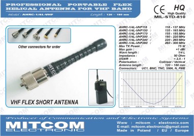 AHRC-1/4L-VHF280 {Profesjonalna krótka antena przenośna na pasma służbowe VHF 260-300 MHz  1/4L +3dB}