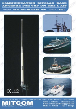 ABFG-DIP-VHF156AIS-1000 {Selektywna antena baza klasy DIPOL , bezmasowa, izolowana, do kadłubów z tworzyw na pasmo morskie VHF 156 + AIS / DSC  +2,15dB / 100cm}